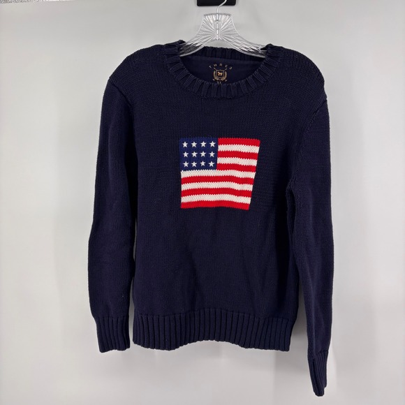 Thre3 American Flag Knit Sweater Navy Blue Crewneck Pullover Patriotic XL - Picture 1 of 4